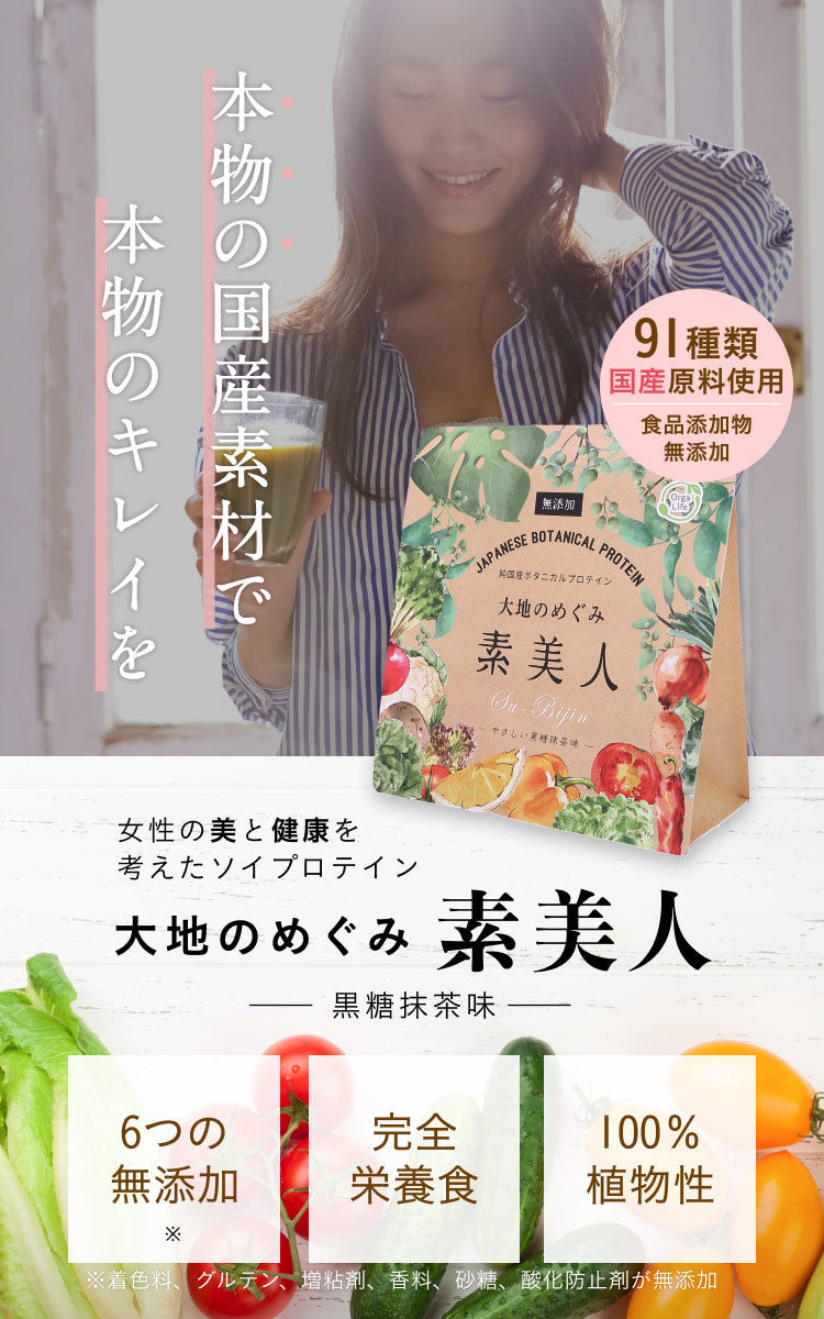 大地のめぐみ素美人 やさしい黒糖抹茶味 純国産ソイプロテイン 完全食 無添加 250g